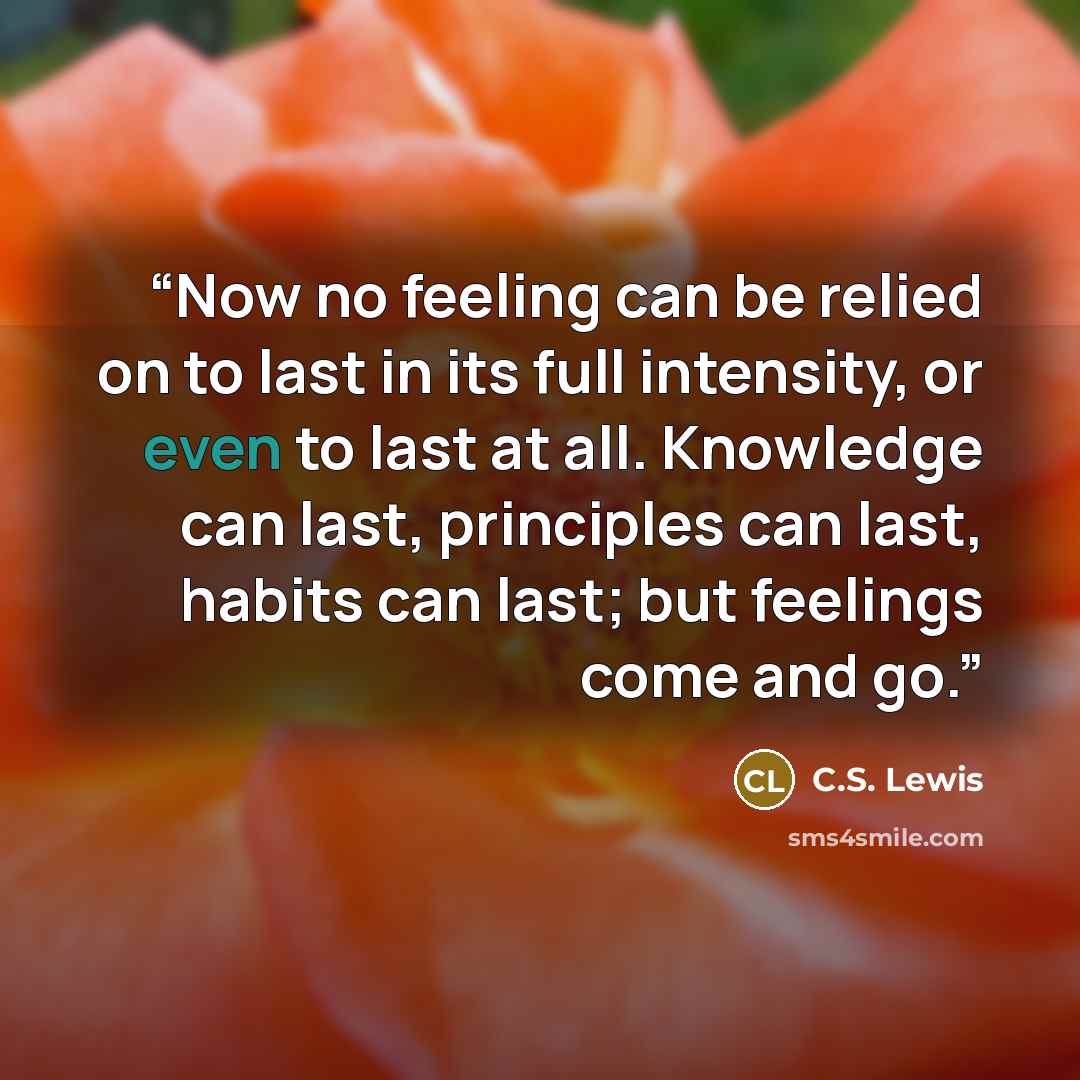 “Now no feeling can be relied on to last in its full intensity, or even to last at all. Knowledge can last, principles can last, habits can last; but feelings come and go.” quote by C.S. Lewis