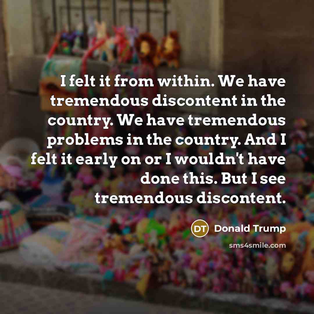 “I felt it from within. We have tremendous discontent in the country. We have tremendous problems in the country. And I felt it early on or I wouldn't have done this. But I see tremendous discontent.” quote by Donald Trump