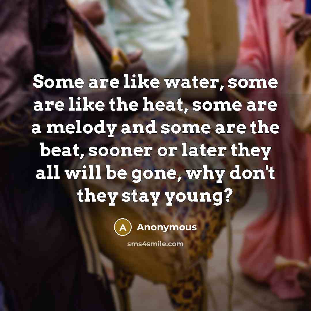“Some are like water, some are like the heat, some are a melody and some are the beat, sooner or later they all will be gone, why don't they stay young?” quote by Anonymous