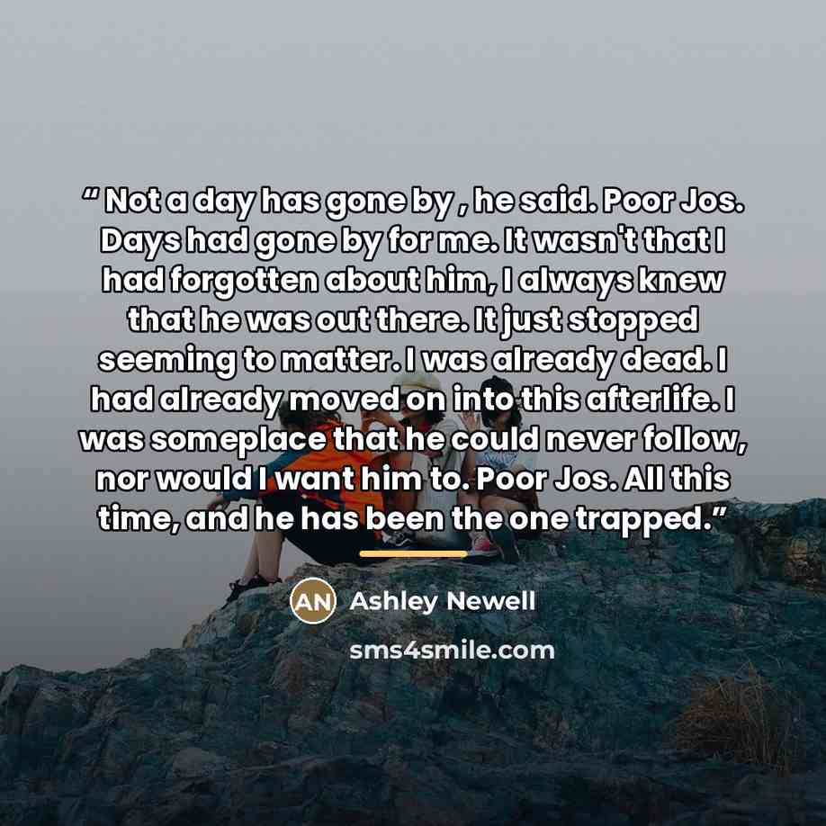 “Not a day has gone by , he said. Poor Jos. Days had gone by for me. It wasn't that I had forgotten about him, I always knew that he was out there. It just stopped seeming to matter. I was already dead. I had already moved on into this afterlife. I was someplace that he could never follow, nor…” quote by Ashley Newell