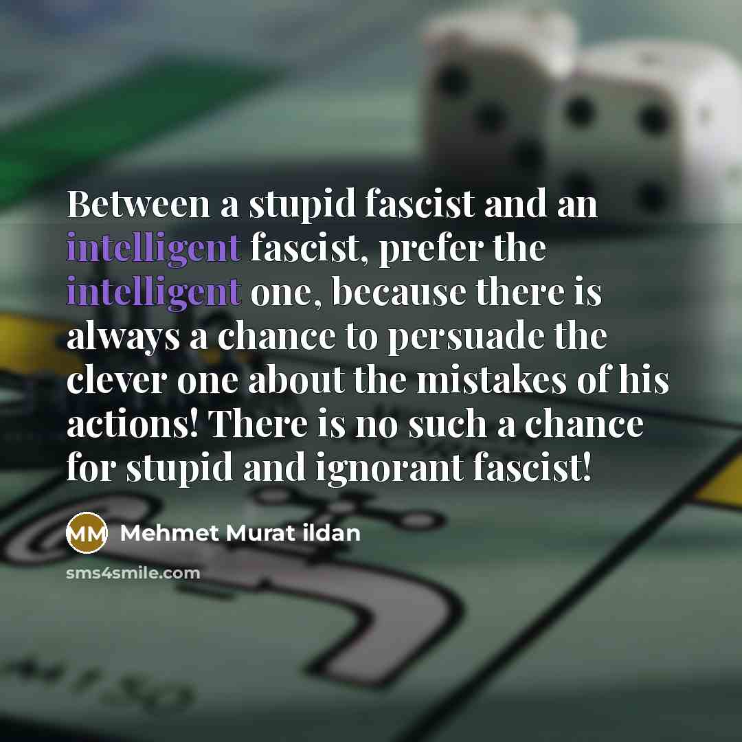 “Between a stupid fascist and an intelligent fascist, prefer the intelligent one, because there is always a chance to persuade the clever one about the mistakes of his actions! There is no such a chance for stupid and ignorant fascist!” quote by Mehmet Murat Ildan