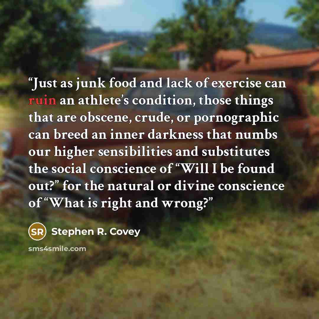 “Just as junk food and lack of exercise can ruin an athlete’s condition, those things that are obscene, crude, or pornographic can breed an inner darkness that numbs our higher sensibilities and substitutes the social conscience of “Will I be found out?” for the natural or divine conscience of…” quote by Stephen R. Covey