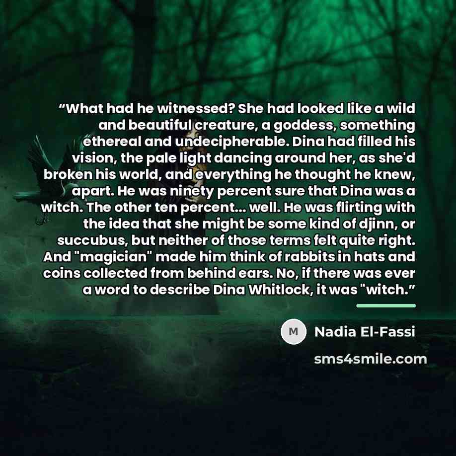 “What had he witnessed? She had looked like a wild and beautiful creature, a goddess, something ethereal and undecipherable. Dina had filled his vision, the pale light dancing around her, as she'd broken his world, and everything he thought he knew, apart. He was ninety percent sure that Dina was a…” quote by Nadia El-Fassi