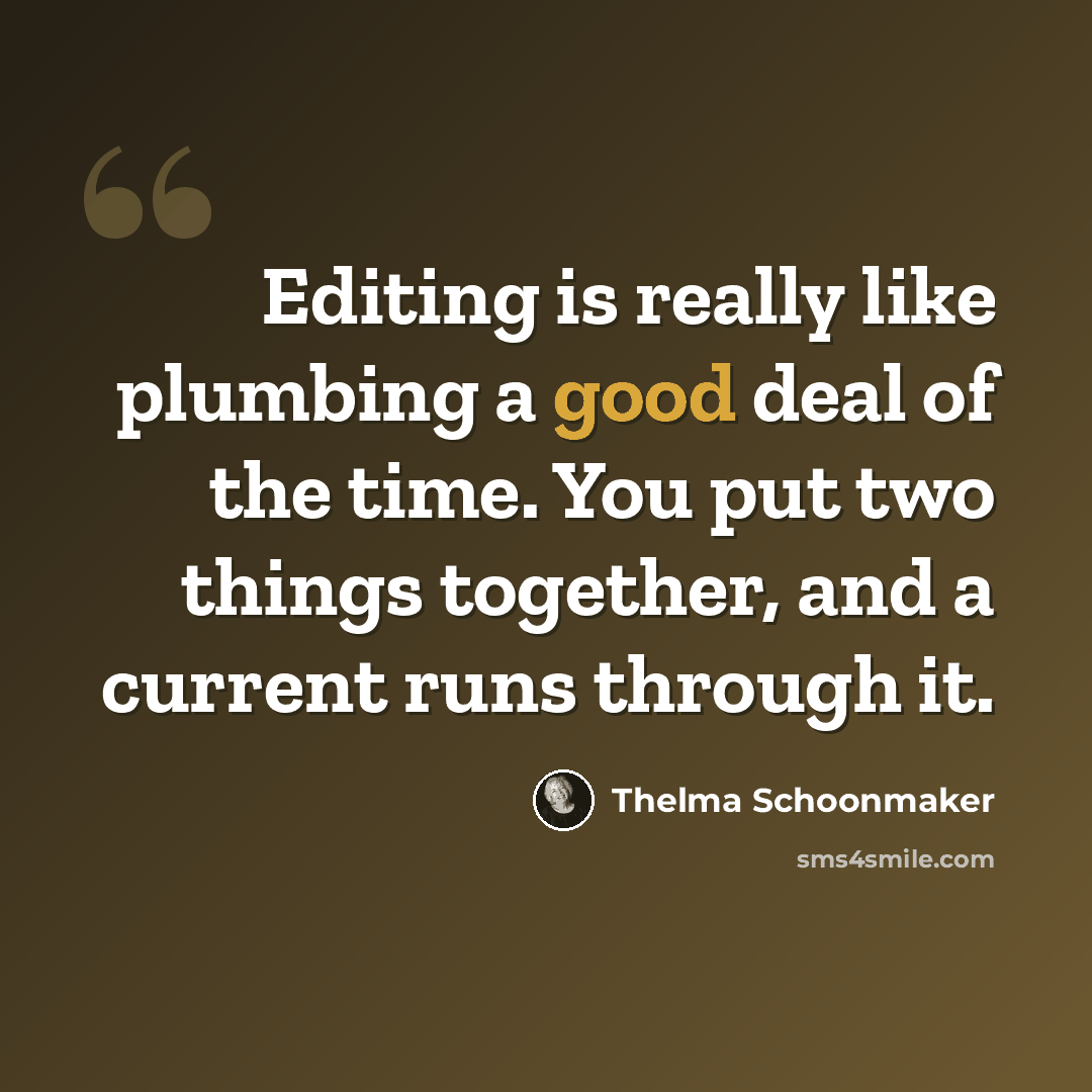 “Editing is really like plumbing a good deal of the time. You put two things together, and a current runs through it.” quote by Thelma Schoonmaker