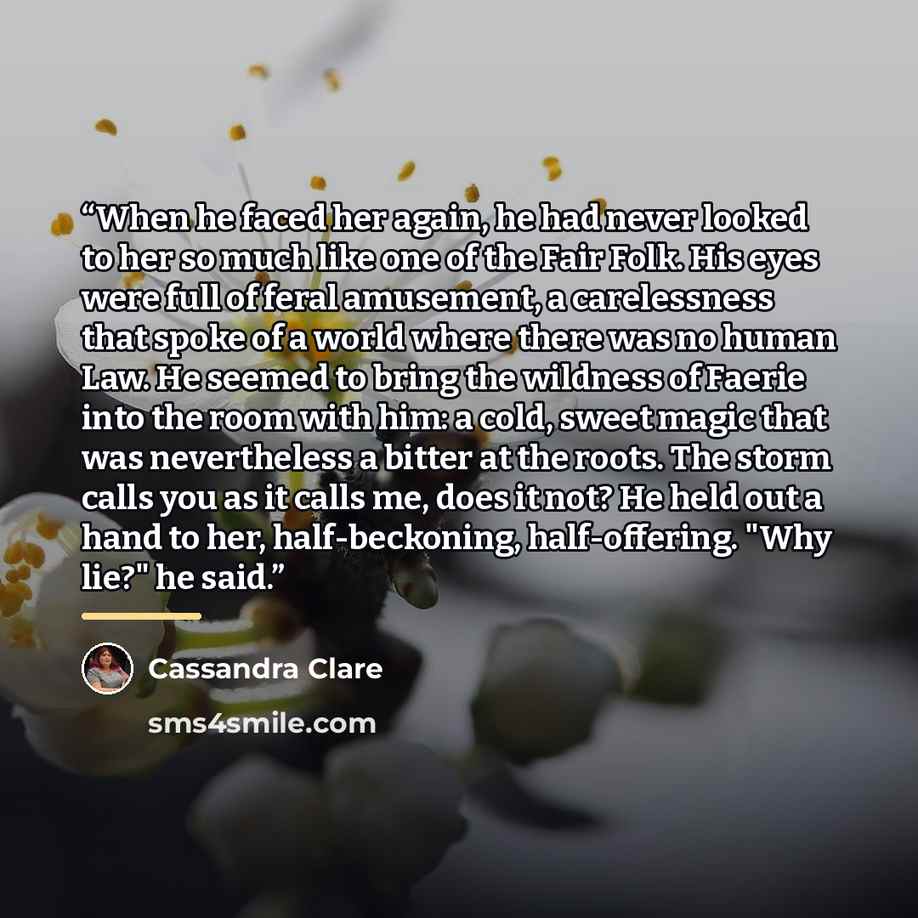 “When he faced her again, he had never looked to her so much like one of the Fair Folk. His eyes were full of feral amusement, a carelessness that spoke of a world where there was no human Law. He seemed to bring the wildness of Faerie into the room with him: a cold, sweet magic that was…” quote by Cassandra Clare