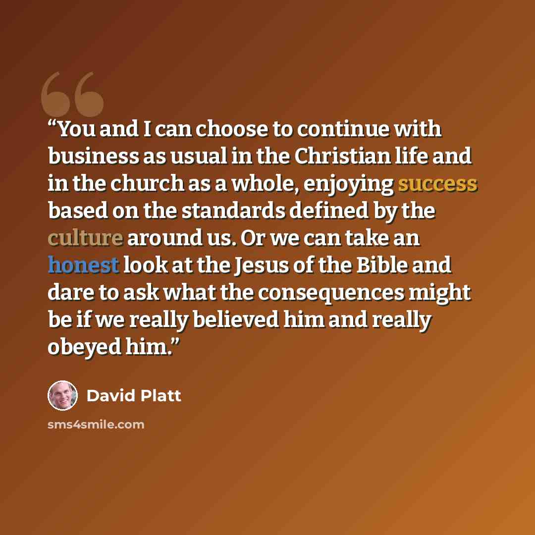 “You and I can choose to continue with business as usual in the Christian life and in the church as a whole, enjoying success based on the standards defined by the culture around us. Or we can take an honest look at the Jesus of the Bible and dare to ask what the consequences might be if we really…” quote by David Platt