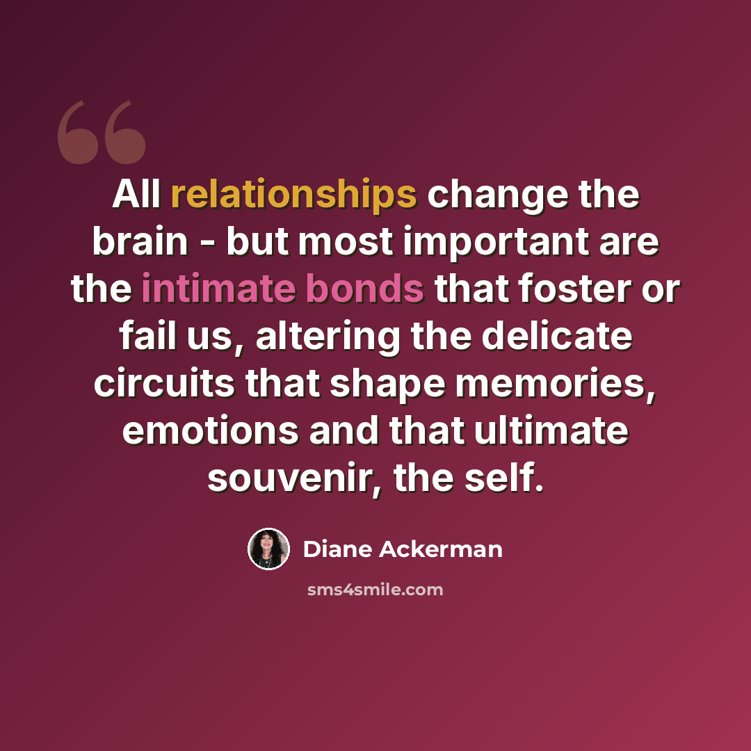 “All relationships change the brain - but most important are the intimate bonds that foster or fail us, altering the delicate circuits that shape memories, emotions and that ultimate souvenir, the self.” quote by Diane Ackerman
