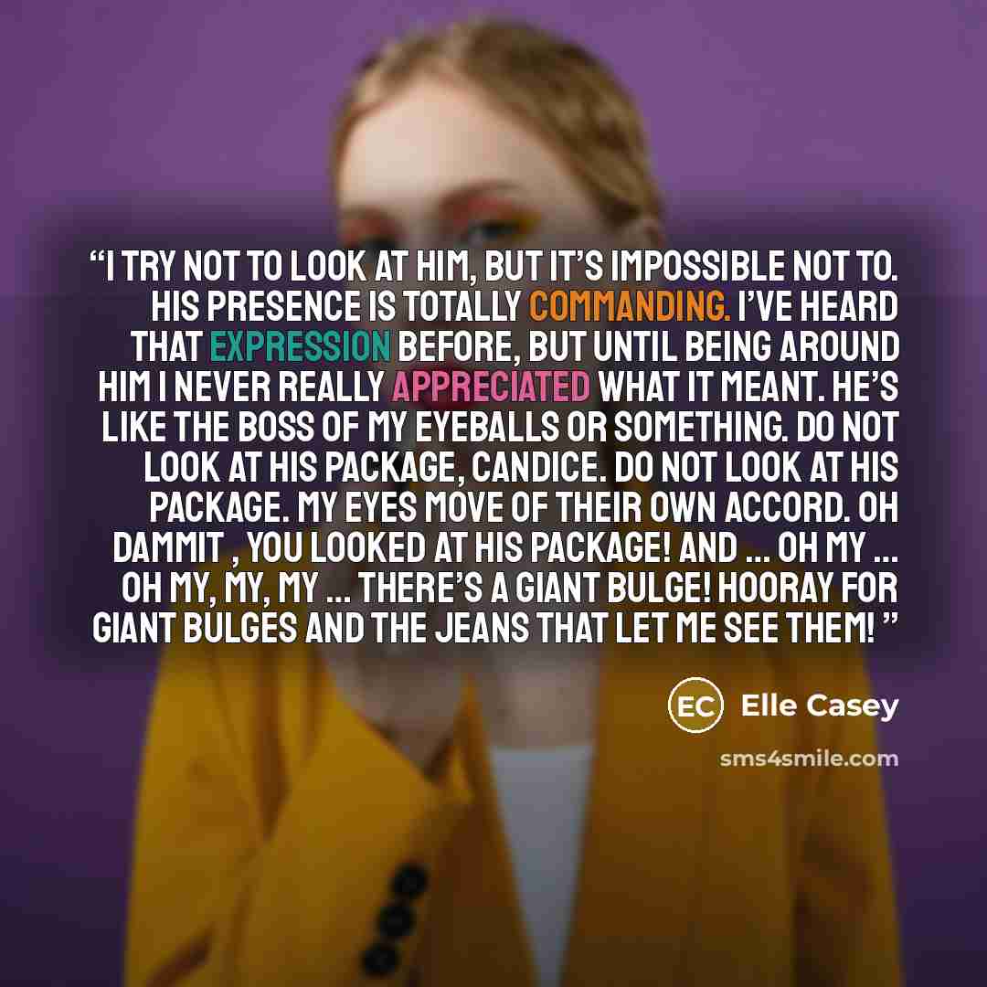 “I try not to look at him, but it’s impossible not to. His presence is totally commanding. I’ve heard that expression before, but until being around him I never really appreciated what it meant. He’s like the boss of my eyeballs or something. Do not look at his package, Candice. Do not look at his…” quote by Elle Casey