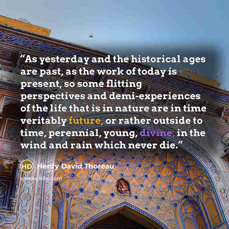 “As yesterday and the historical ages are past, as the work of today is present, so some flitting perspectives and demi-experiences of the life that is in nature are in time veritably future, or rather outside to time, perennial, young, divine, in the wind and rain which never die.” quote by Henry David Thoreau
