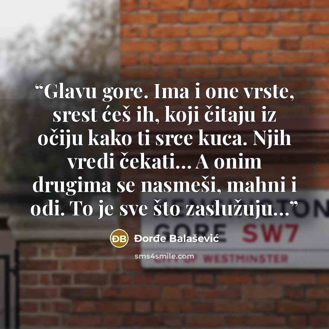 “Glavu gore. Ima i one vrste, srest ćeš ih, koji čitaju iz očiju kako ti srce kuca. Njih vredi čekati… A onim drugima se nasmeši, mahni i odi. To je sve što zaslužuju…” quote by Đorđe Balašević