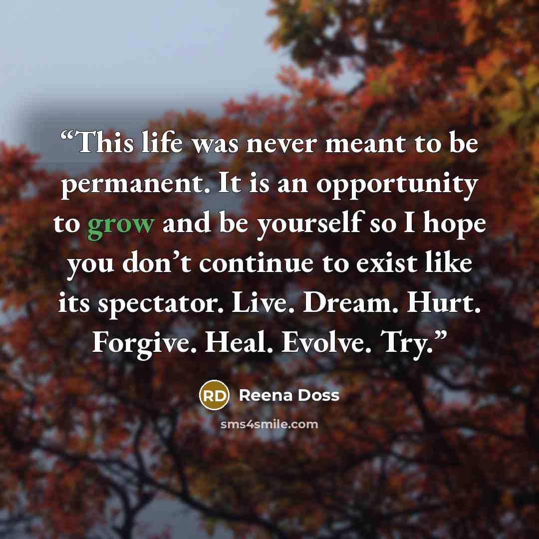 “This life was never meant to be permanent. It is an opportunity to grow and be yourself so I hope you don’t continue to exist like its spectator. Live. Dream. Hurt. Forgive. Heal. Evolve. Try.” quote by Reena Doss