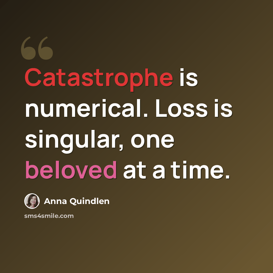 “Catastrophe is numerical. Loss is singular, one beloved at a time.” quote by Anna Quindlen