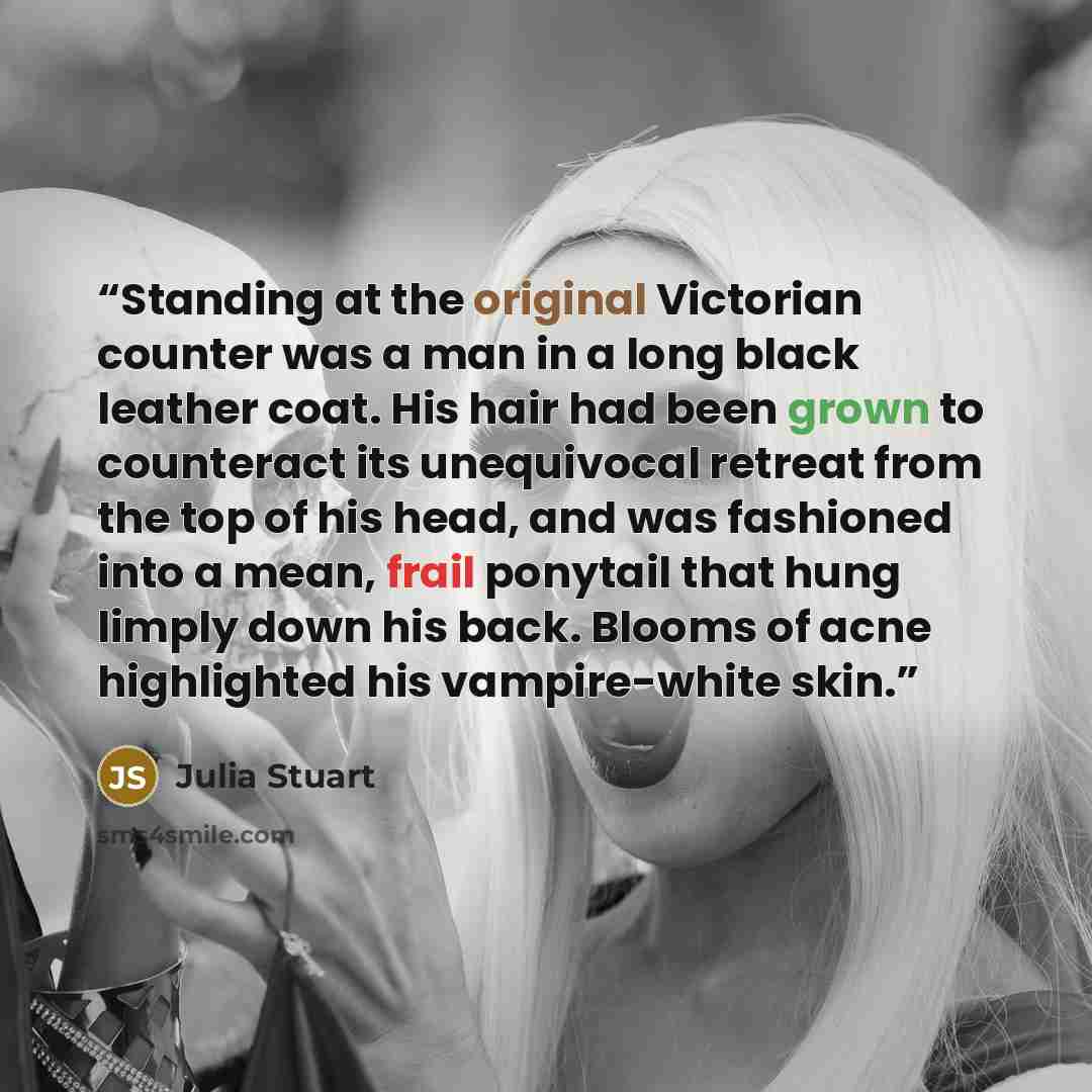 “Standing at the original Victorian counter was a man in a long black leather coat. His hair had been grown to counteract its unequivocal retreat from the top of his head, and was fashioned into a mean, frail ponytail that hung limply down his back. Blooms of acne highlighted his vampire-white skin.” quote by Julia Stuart