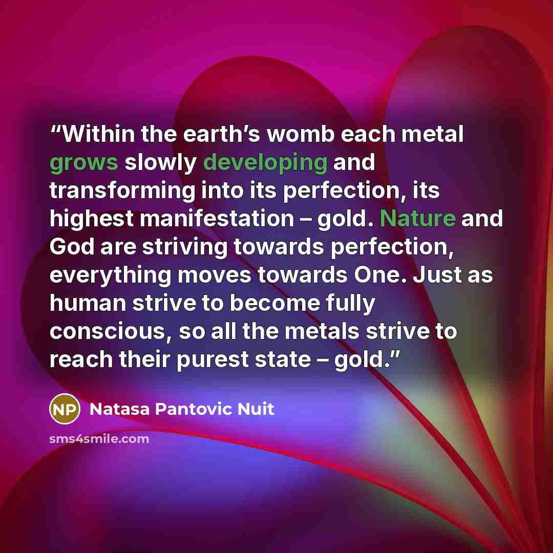 “Within the earth’s womb each metal grows slowly developing and transforming into its perfection, its highest manifestation – gold. Nature and God are striving towards perfection, everything moves towards One. Just as human strive to become fully conscious, so all the metals strive to reach their…” quote by Natasa Pantovic Nuit