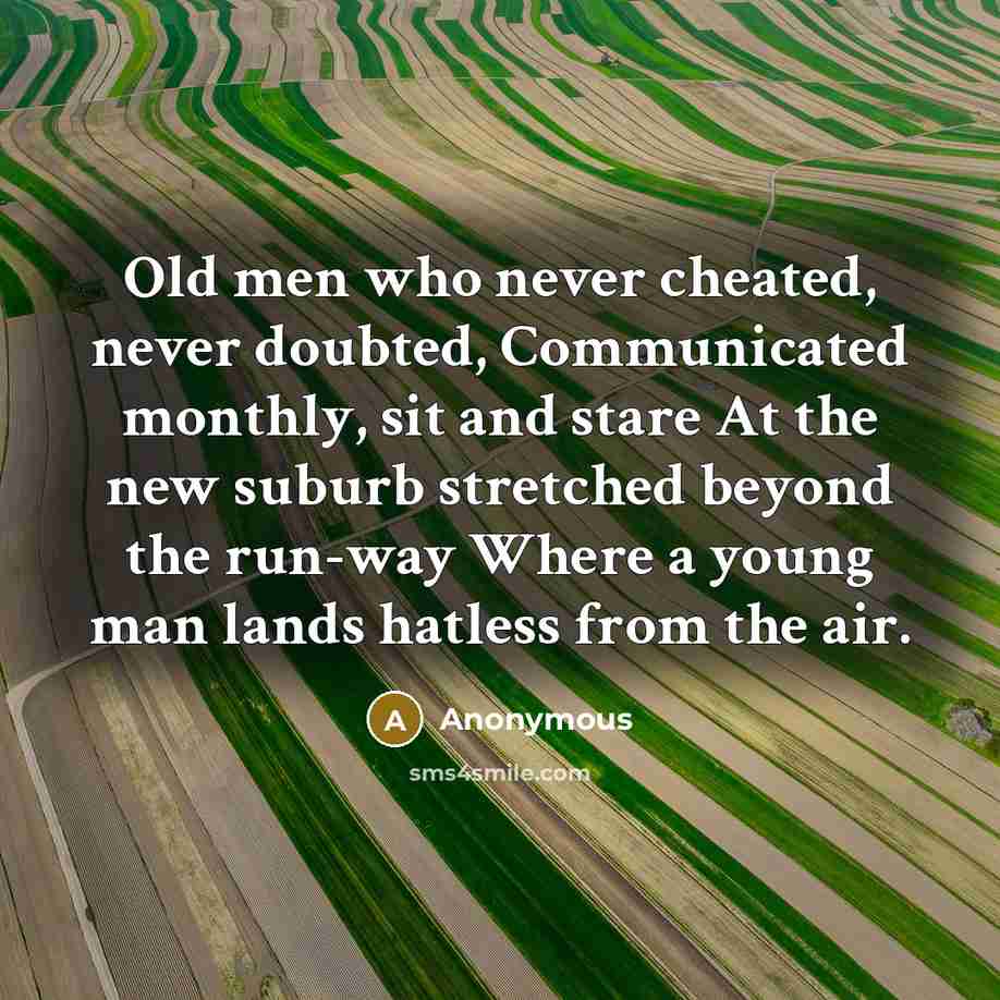 “Old men who never cheated, never doubted, Communicated monthly, sit and stare At the new suburb stretched beyond the run-way Where a young man lands hatless from the air.” quote by Anonymous