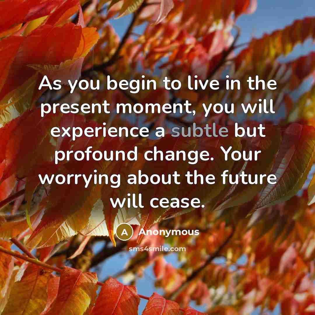 “As you begin to live in the present moment, you will experience a subtle but profound change. Your worrying about the future will cease.” quote by Anonymous