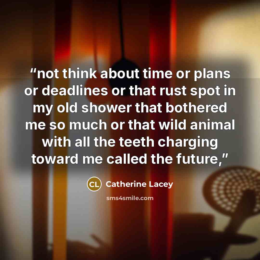“not think about time or plans or deadlines or that rust spot in my old shower that bothered me so much or that wild animal with all the teeth charging toward me called the future,” quote by Catherine Lacey