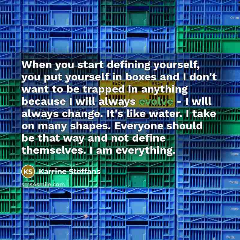 “When you start defining yourself, you put yourself in boxes and I don't want to be trapped in anything because I will always evolve - I will always change. It's like water. I take on many shapes. Everyone should be that way and not define themselves. I am everything.” quote by Karrine Steffans