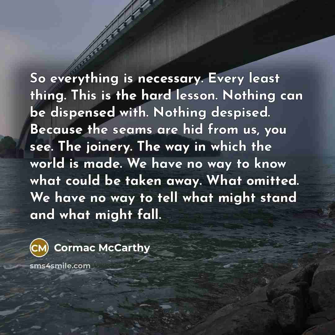 “So everything is necessary. Every least thing. This is the hard lesson. Nothing can be dispensed with. Nothing despised. Because the seams are hid from us, you see. The joinery. The way in which the world is made. We have no way to know what could be taken away. What omitted. We have no way to…” quote by Cormac McCarthy