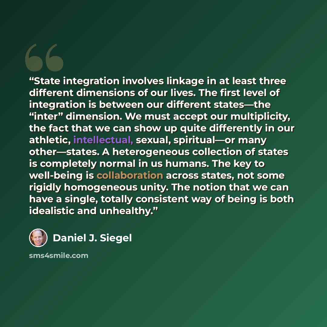 “State integration involves linkage in at least three different dimensions of our lives. The first level of integration is between our different states—the “inter” dimension. We must accept our multiplicity, the fact that we can show up quite differently in our athletic, intellectual, sexual…” quote by Daniel J. Siegel