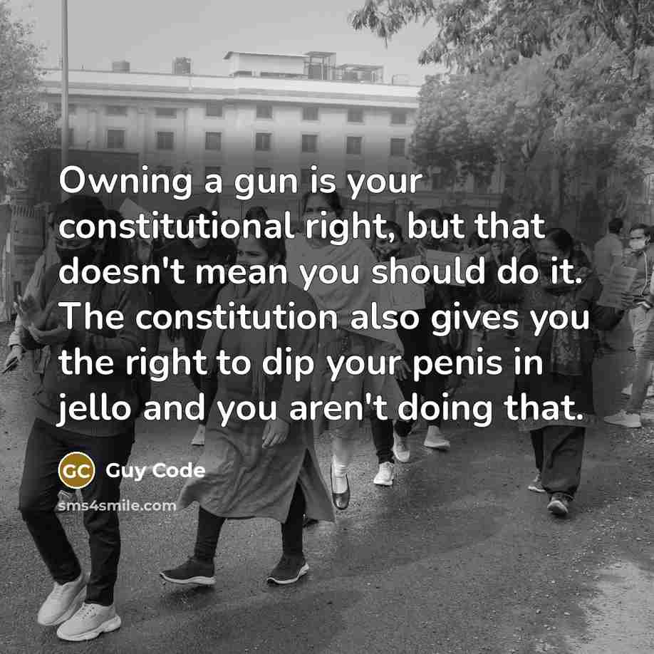 “Owning a gun is your constitutional right, but that doesn't mean you should do it. The constitution also gives you the right to dip your penis in jello and you aren't doing that.” quote by Guy Code