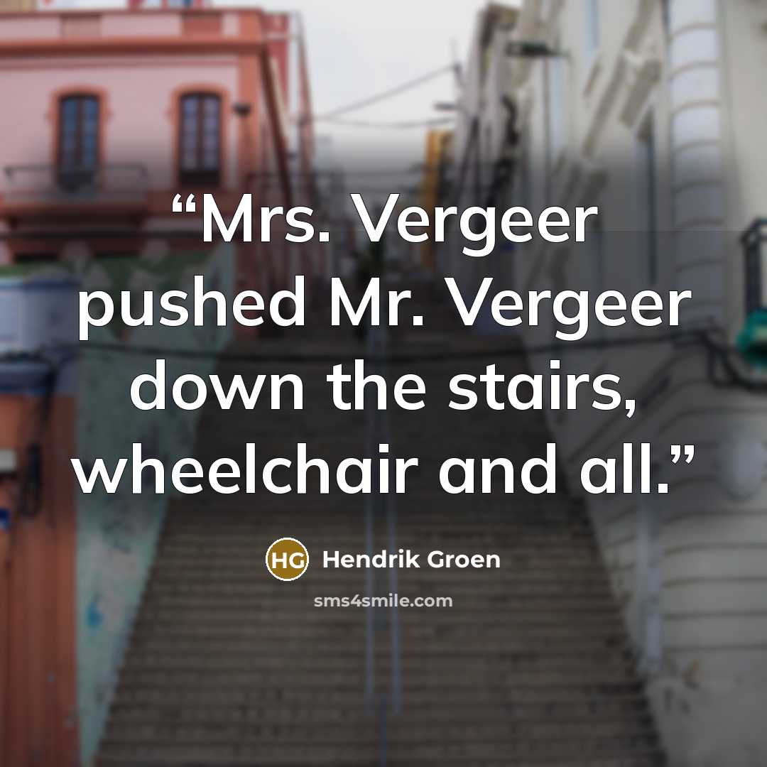 “Mrs. Vergeer pushed Mr. Vergeer down the stairs, wheelchair and all.” quote by Hendrik Groen