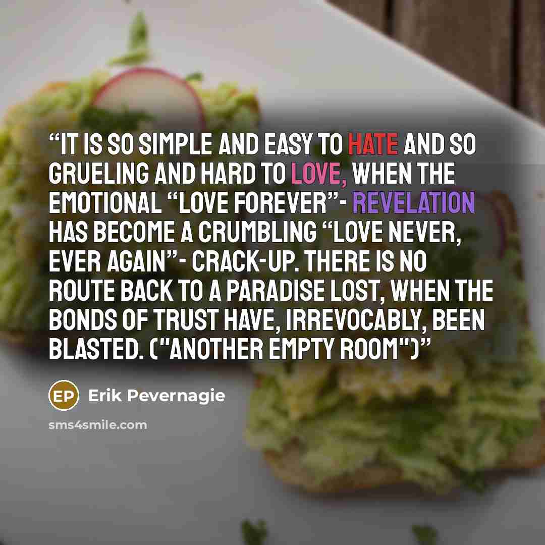 “It is so simple and easy to hate and so grueling and hard to love, when the emotional “love forever”- revelation has become a crumbling “love never, ever again”- crack-up. There is no route back to a paradise lost, when the bonds of trust have, irrevocably, been blasted. ("Another empty room")” quote by Erik Pevernagie