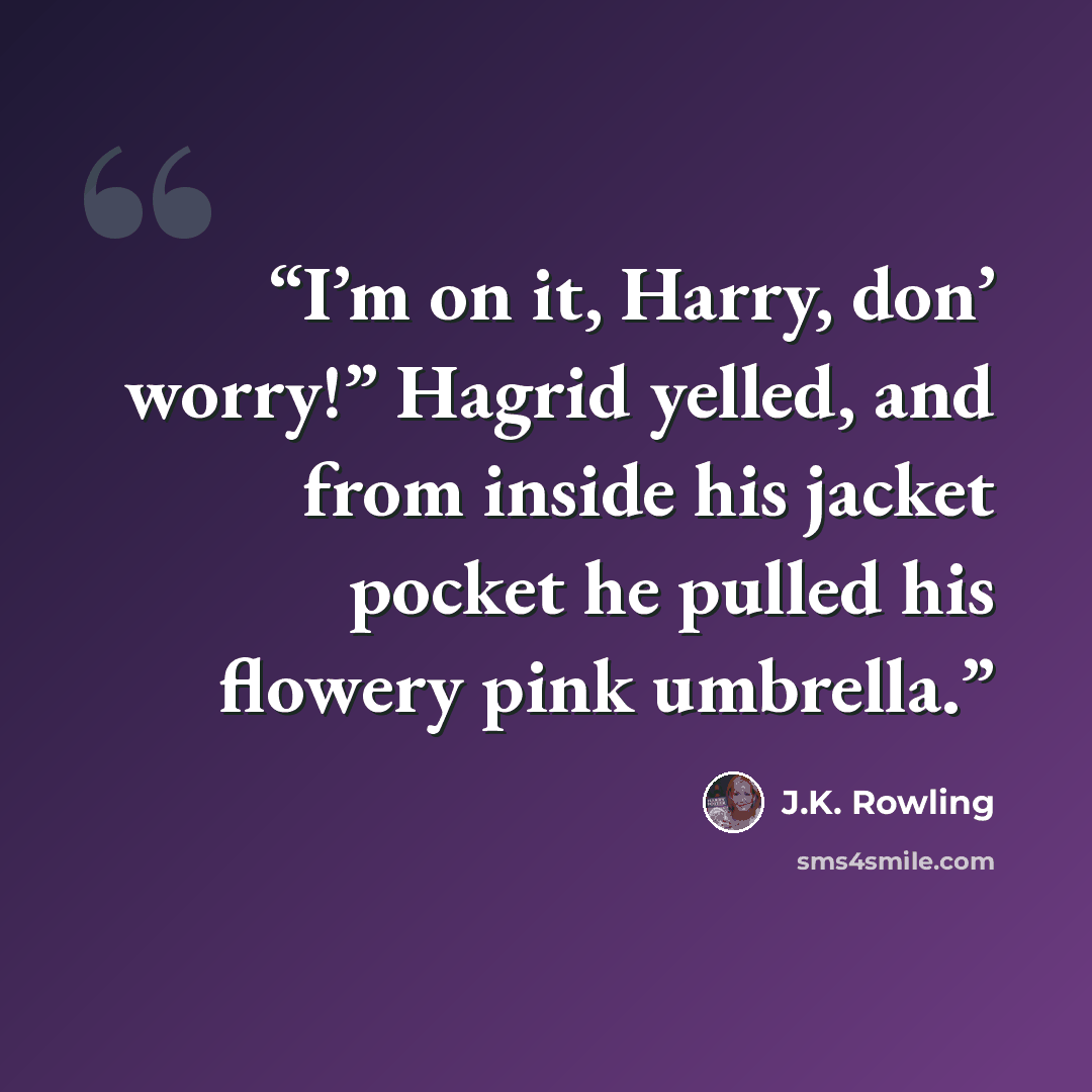 “I’m on it, Harry, don’ worry!” Hagrid yelled, and from inside his jacket pocket he pulled his flowery pink umbrella.” quote by J.K. Rowling