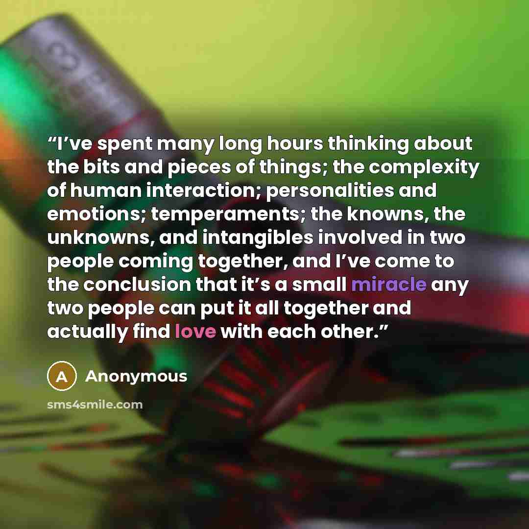 “I’ve spent many long hours thinking about the bits and pieces of things; the complexity of human interaction; personalities and emotions; temperaments; the knowns, the unknowns, and intangibles involved in two people coming together, and I’ve come to the conclusion that it’s a small miracle any…” quote by Anonymous