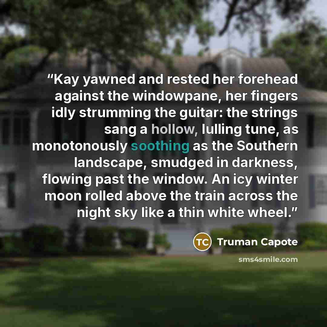 “Kay yawned and rested her forehead against the windowpane, her fingers idly strumming the guitar: the strings sang a hollow, lulling tune, as monotonously soothing as the Southern landscape, smudged in darkness, flowing past the window. An icy winter moon rolled above the train across the night…” quote by Truman Capote