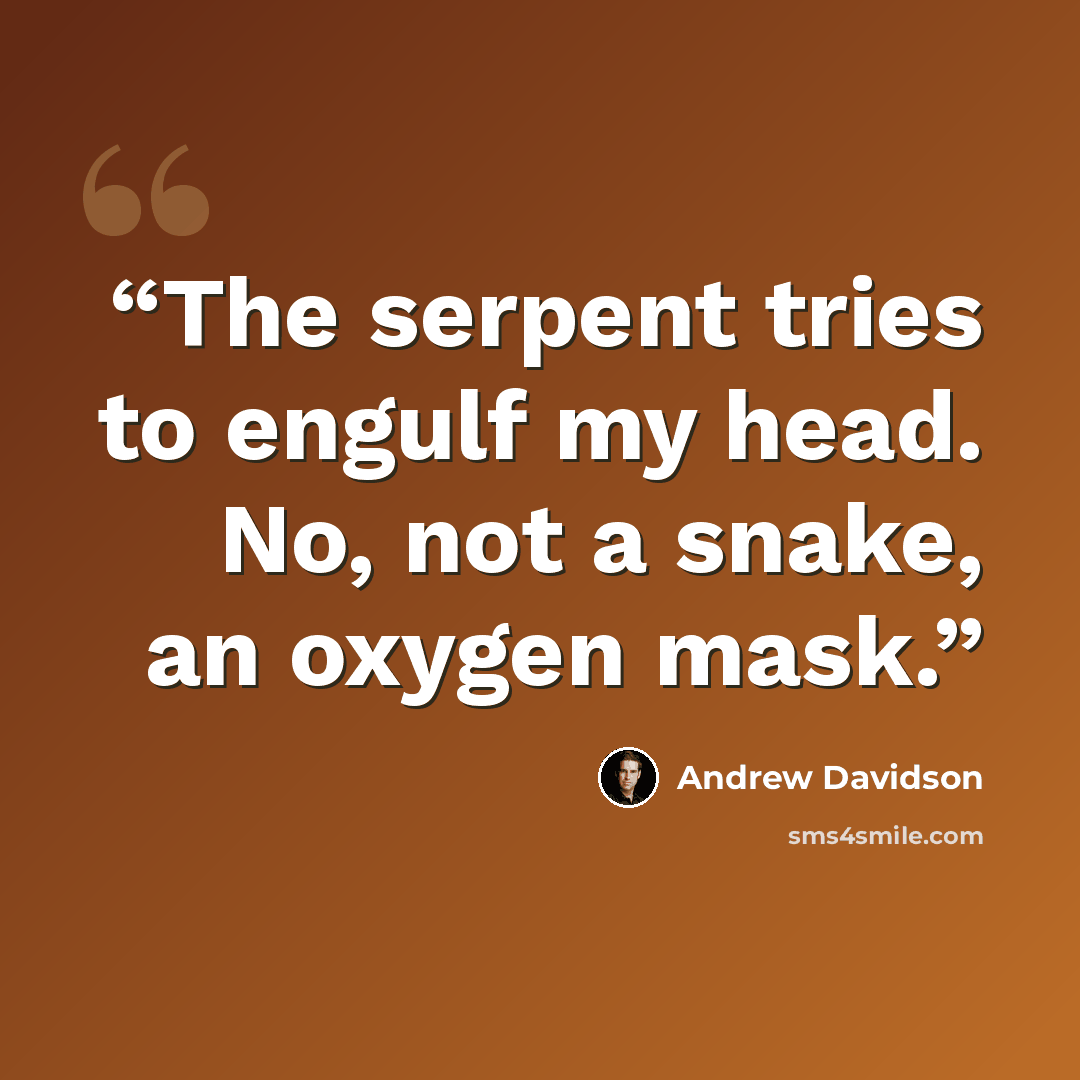 “The serpent tries to engulf my head. No, not a snake, an oxygen mask.” quote by Andrew Davidson