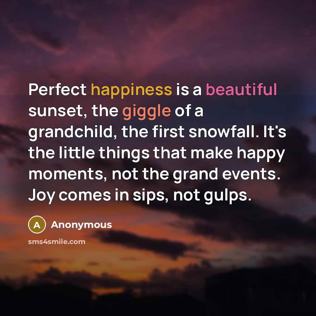 “Perfect happiness is a beautiful sunset, the giggle of a grandchild, the first snowfall. It's the little things that make happy moments, not the grand events. Joy comes in sips, not gulps.” quote by Anonymous