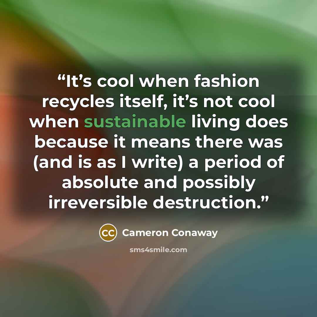 “It’s cool when fashion recycles itself, it’s not cool when sustainable living does because it means there was (and is as I write) a period of absolute and possibly irreversible destruction.” quote by Cameron Conaway