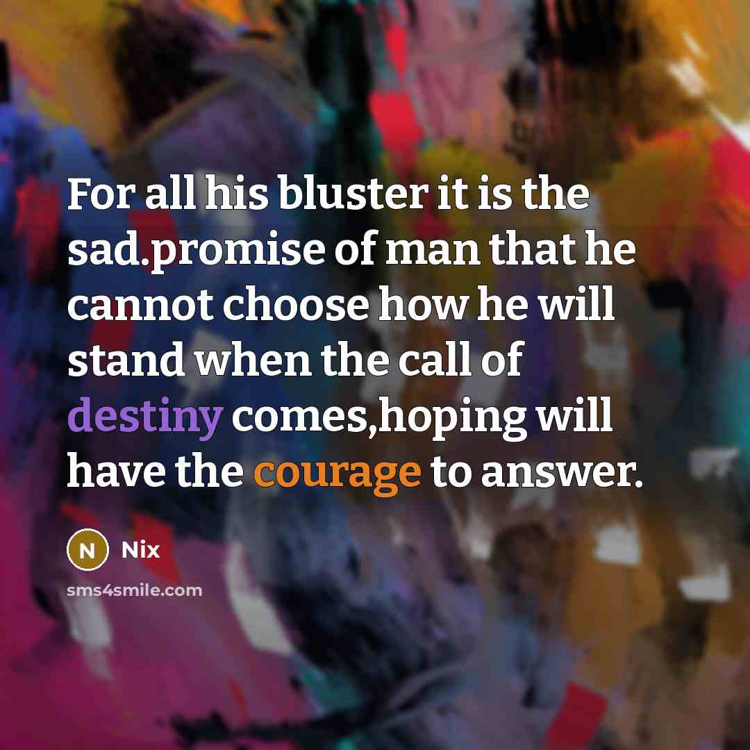 “For all his bluster it is the sad.promise of man that he cannot choose how he will stand when the call of destiny comes,hoping will have the courage to answer.” quote by Nix