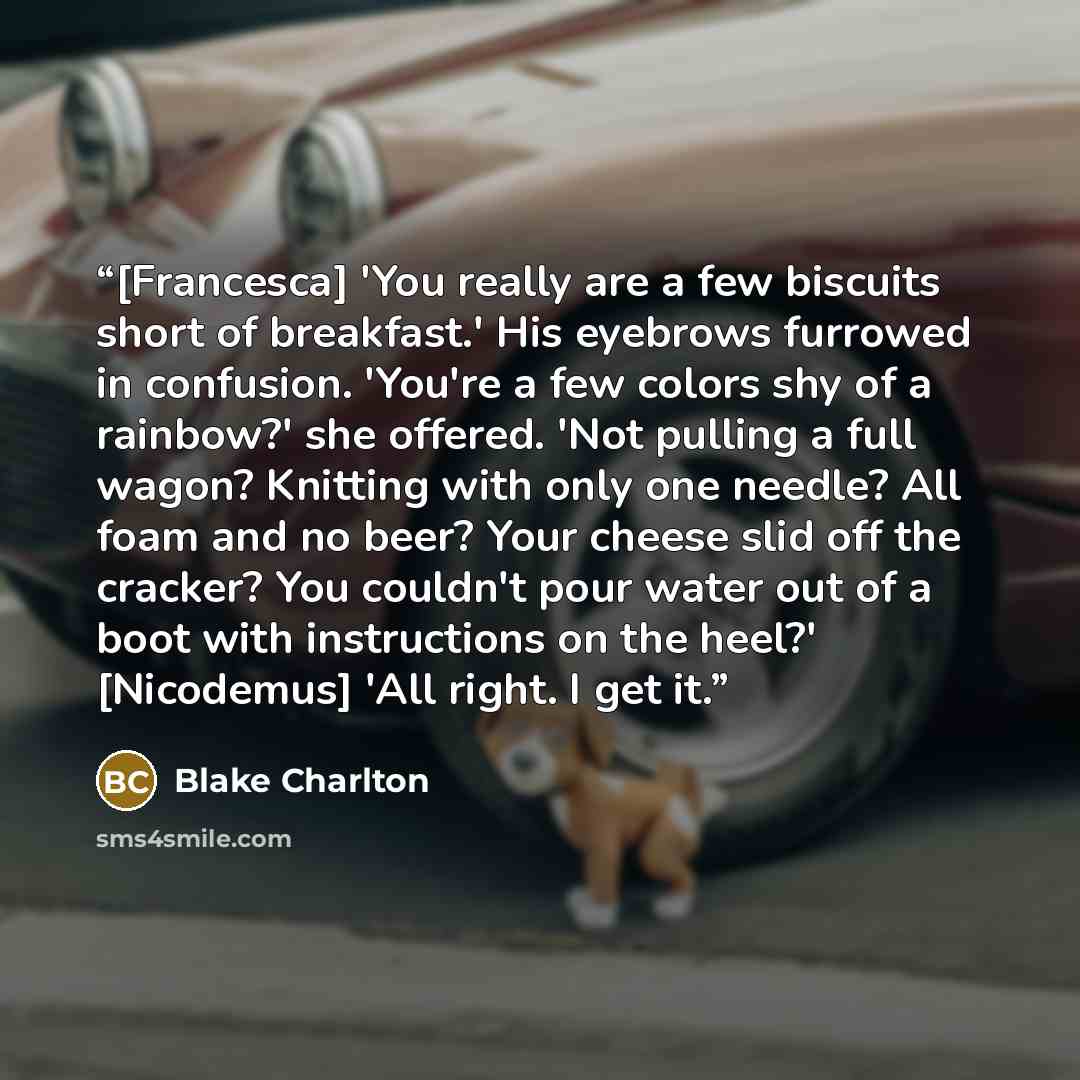 “[Francesca] 'You really are a few biscuits short of breakfast.' His eyebrows furrowed in confusion. 'You're a few colors shy of a rainbow?' she offered. 'Not pulling a full wagon? Knitting with only one needle? All foam and no beer? Your cheese slid off the cracker? You couldn't pour water out of…” quote by Blake Charlton