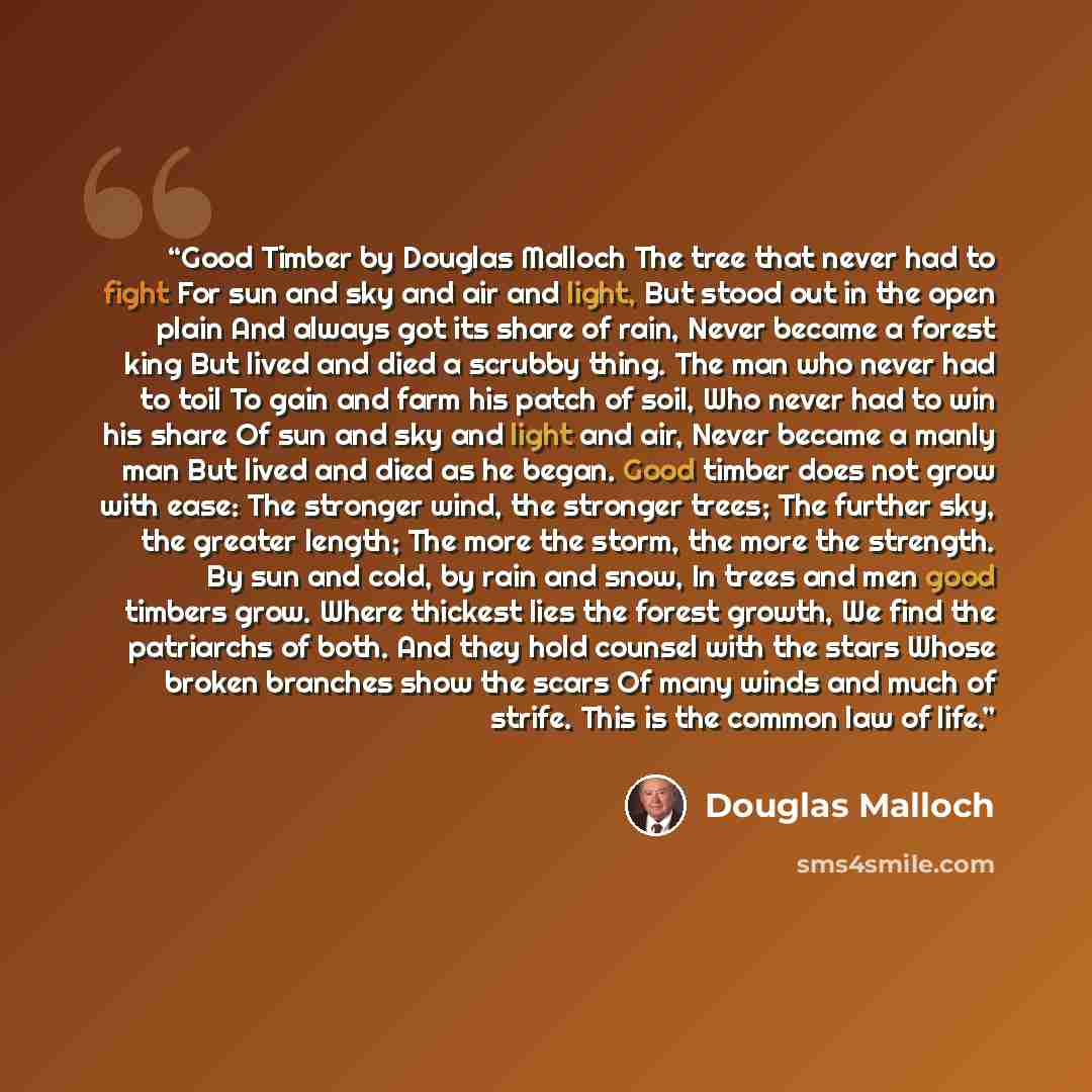 “Good Timber by Douglas Malloch The tree that never had to fight For sun and sky and air and light, But stood out in the open plain And always got its share of rain, Never became a forest king But lived and died a scrubby thing. The man who never had to toil To gain and farm his patch of soil, Who…” quote by Douglas Malloch