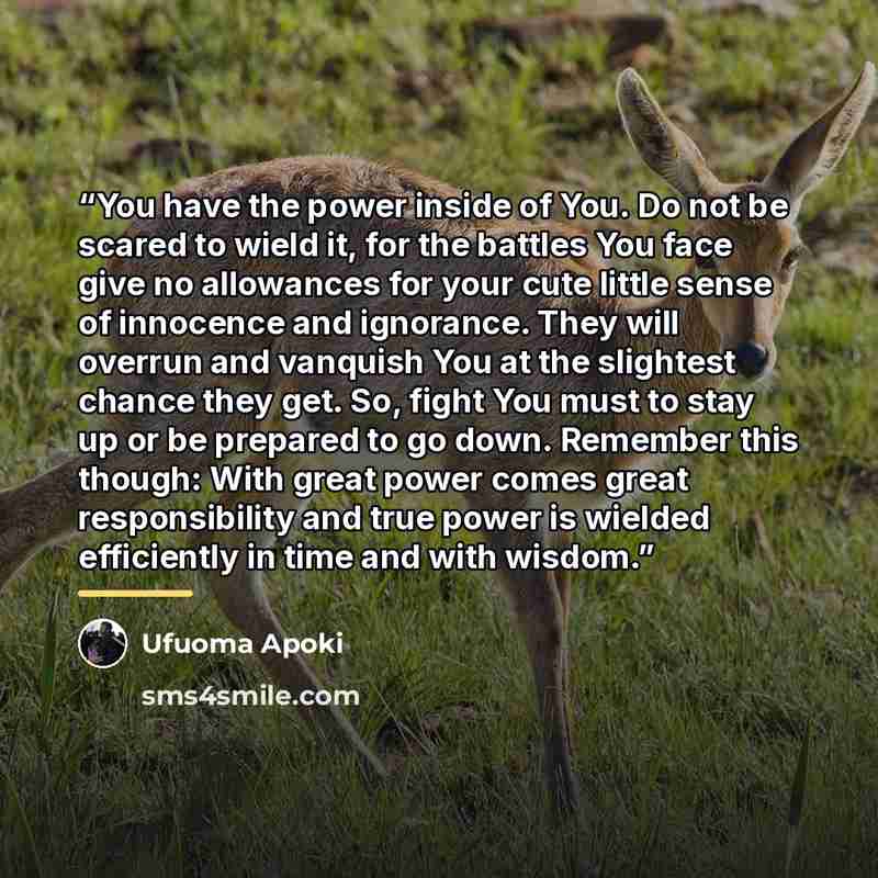 “You have the power inside of You. Do not be scared to wield it, for the battles You face give no allowances for your cute little sense of innocence and ignorance. They will overrun and vanquish You at the slightest chance they get. So, fight You must to stay up or be prepared to go down. Remember…” quote by Ufuoma Apoki