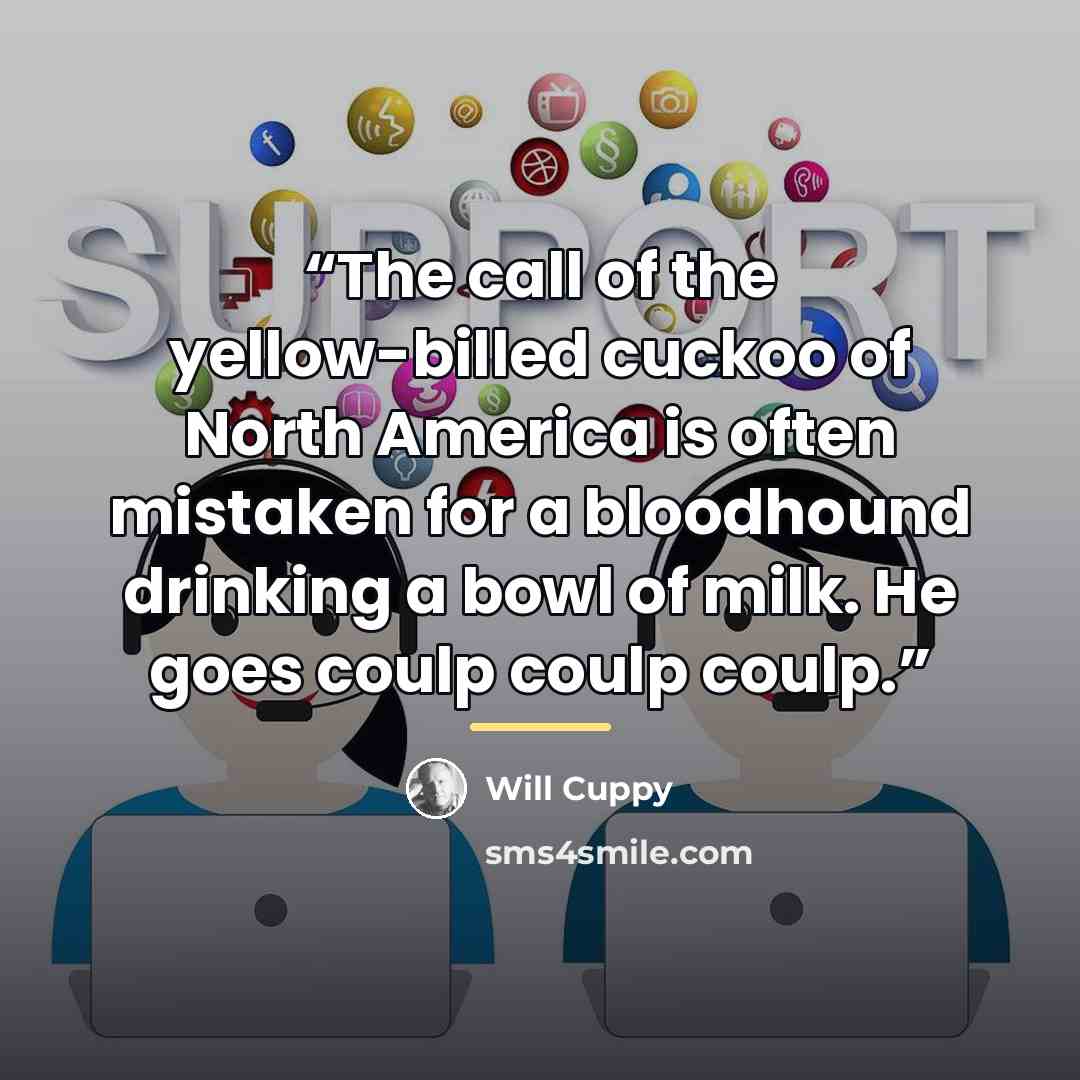 “The call of the yellow-billed cuckoo of North America is often mistaken for a bloodhound drinking a bowl of milk. He goes coulp coulp coulp.” quote by Will Cuppy