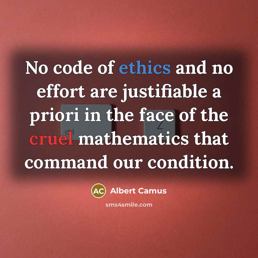 “No code of ethics and no effort are justifiable a priori in the face of the cruel mathematics that command our condition.” quote by Albert Camus