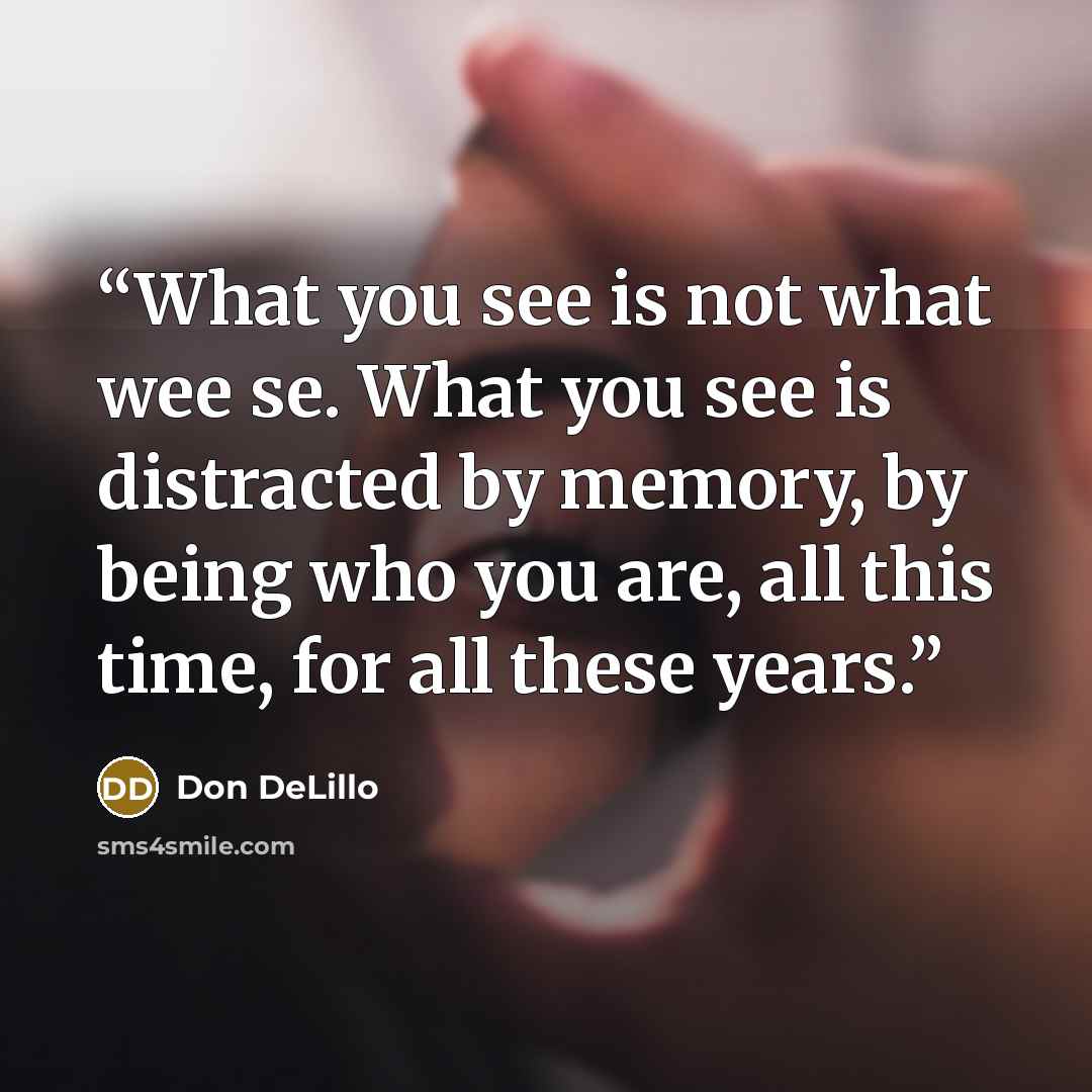 “What you see is not what wee se. What you see is distracted by memory, by being who you are, all this time, for all these years.” quote by Don DeLillo