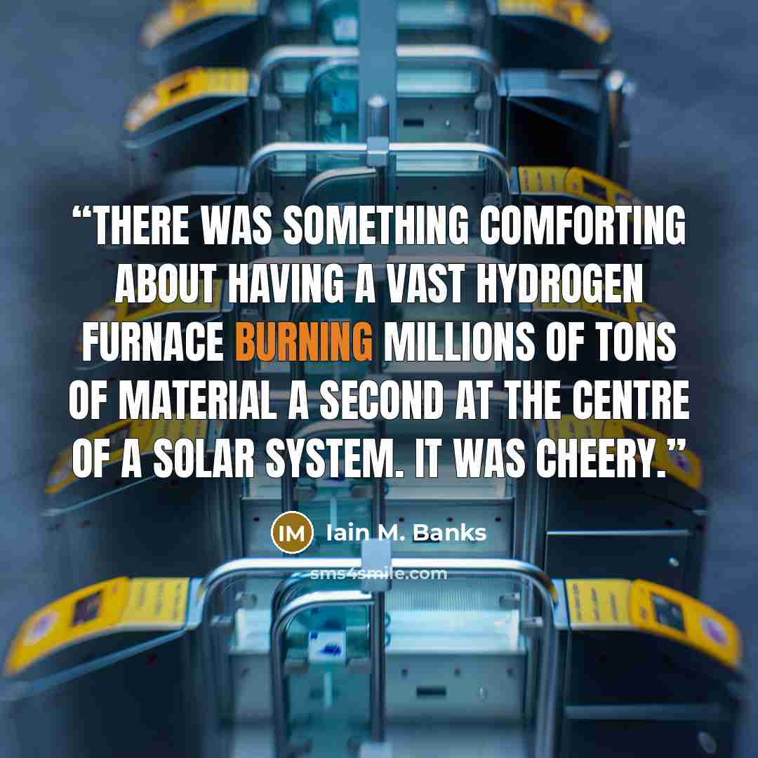 “There was something comforting about having a vast hydrogen furnace burning millions of tons of material a second at the centre of a solar system. It was cheery.” quote by Iain M. Banks