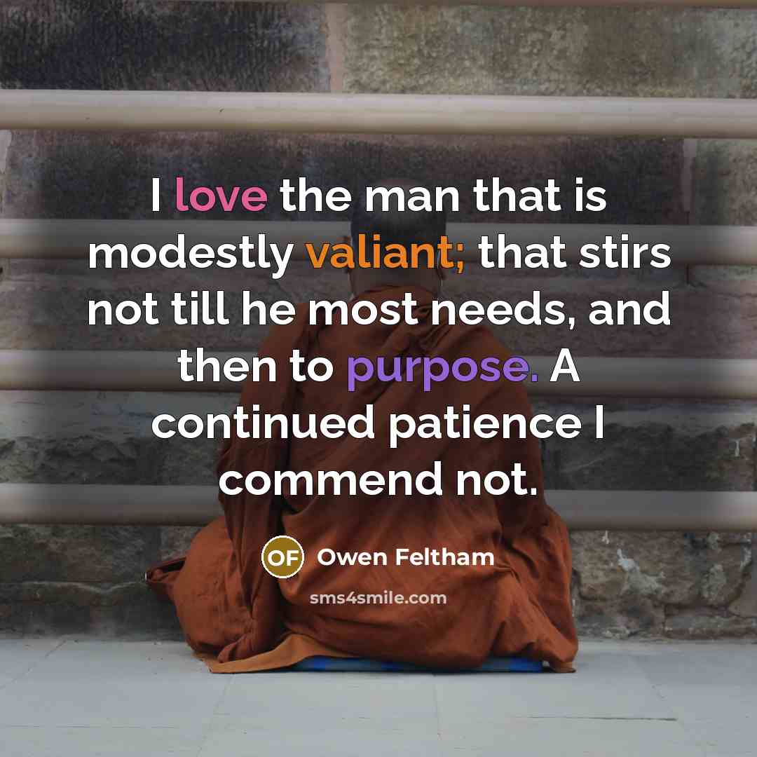“I love the man that is modestly valiant; that stirs not till he most needs, and then to purpose. A continued patience I commend not.” quote by Owen Feltham