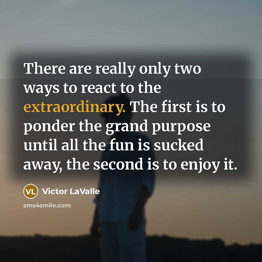 “There are really only two ways to react to the extraordinary. The first is to ponder the grand purpose until all the fun is sucked away, the second is to enjoy it.” quote by Victor LaValle