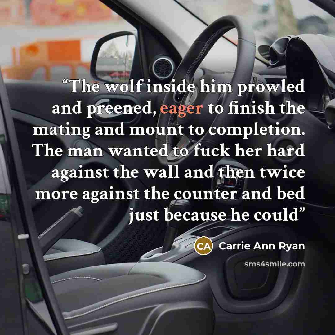 “The wolf inside him prowled and preened, eager to finish the mating and mount to completion. The man wanted to fuck her hard against the wall and then twice more against the counter and bed just because he could” quote by Carrie Ann Ryan