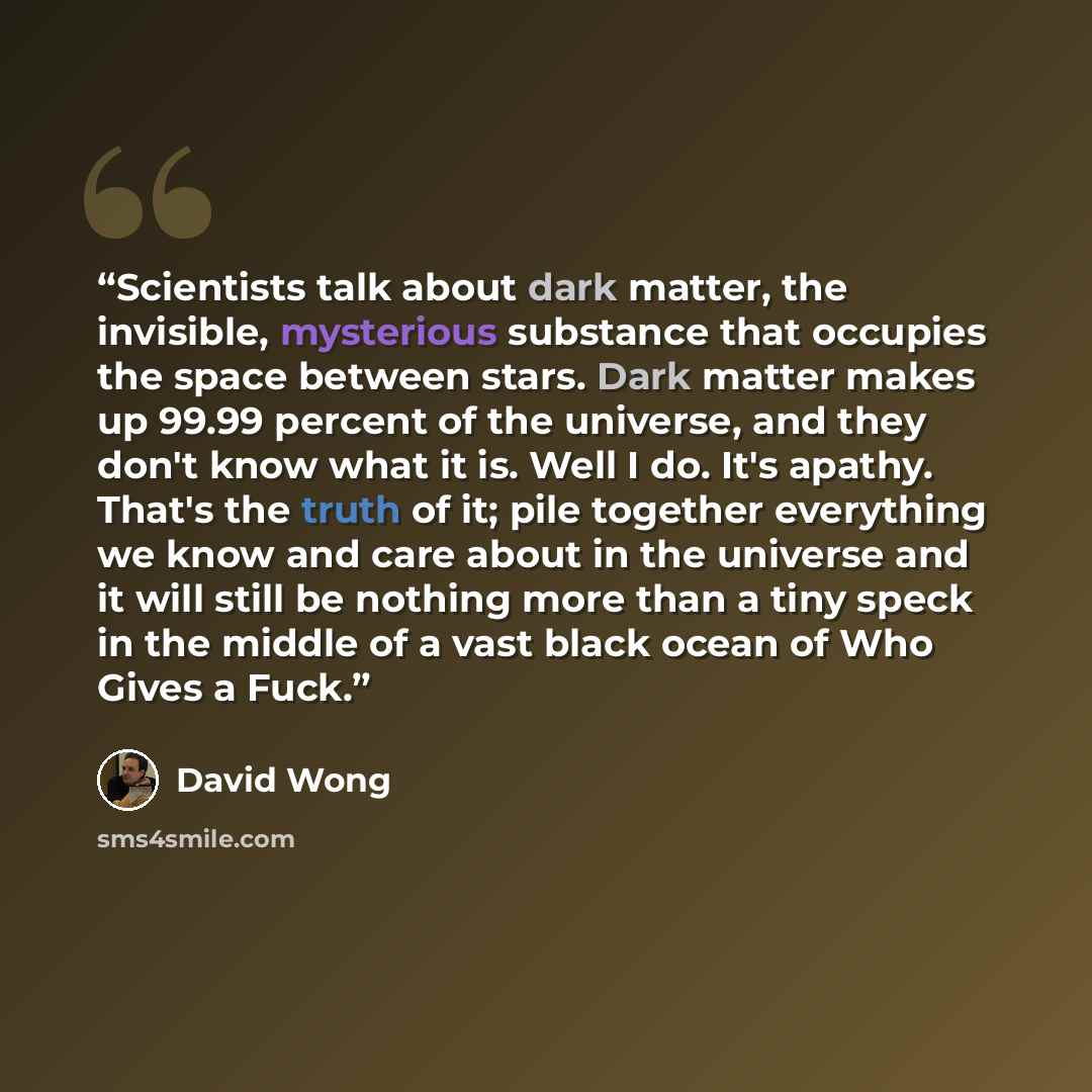 “Scientists talk about dark matter, the invisible, mysterious substance that occupies the space between stars. Dark matter makes up 99.99 percent of the universe, and they don't know what it is. Well I do. It's apathy. That's the truth of it; pile together everything we know and care about in the…” quote by David Wong