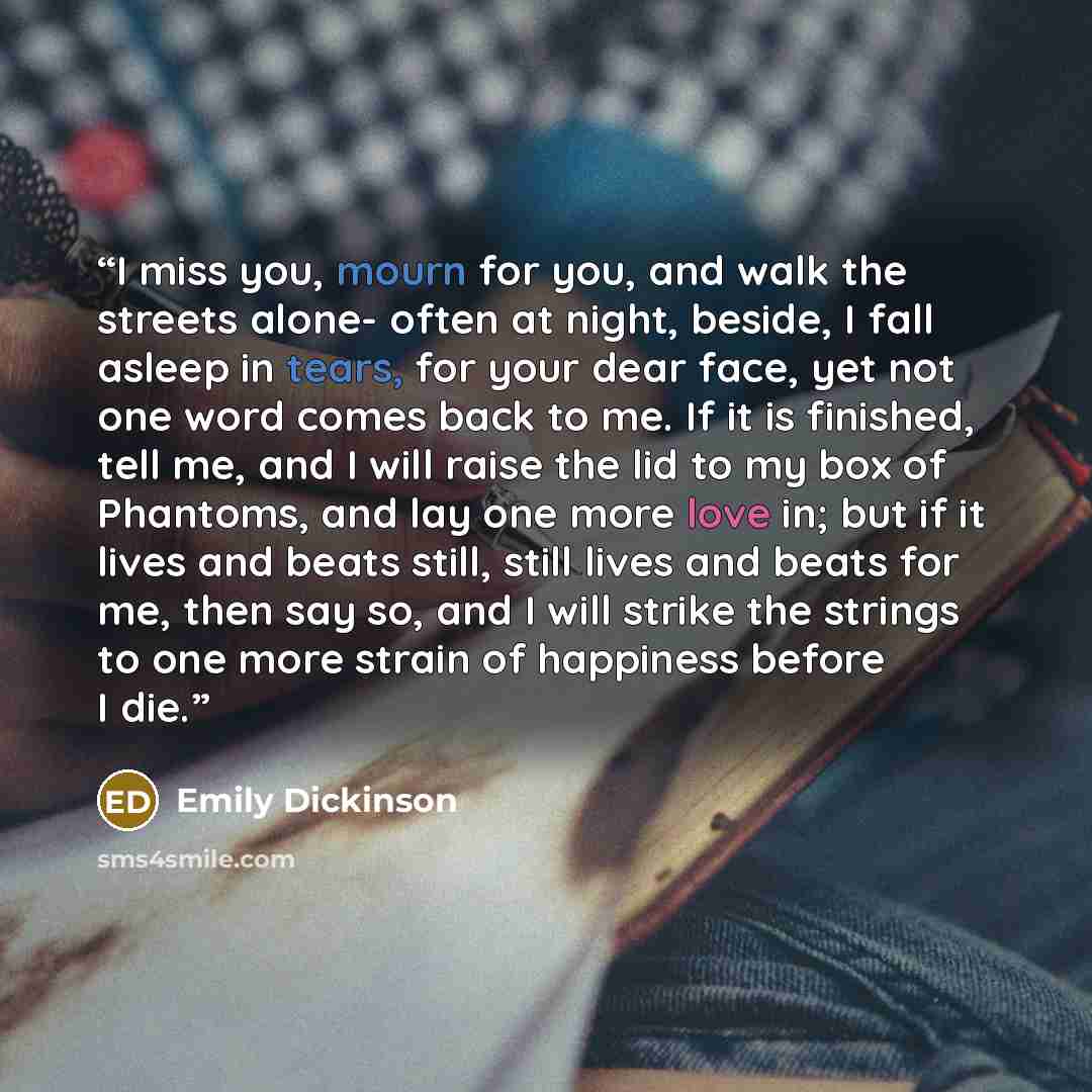 “I miss you, mourn for you, and walk the streets alone- often at night, beside, I fall asleep in tears, for your dear face, yet not one word comes back to me. If it is finished, tell me, and I will raise the lid to my box of Phantoms, and lay one more love in; but if it lives and beats still, still…” quote by Emily Dickinson