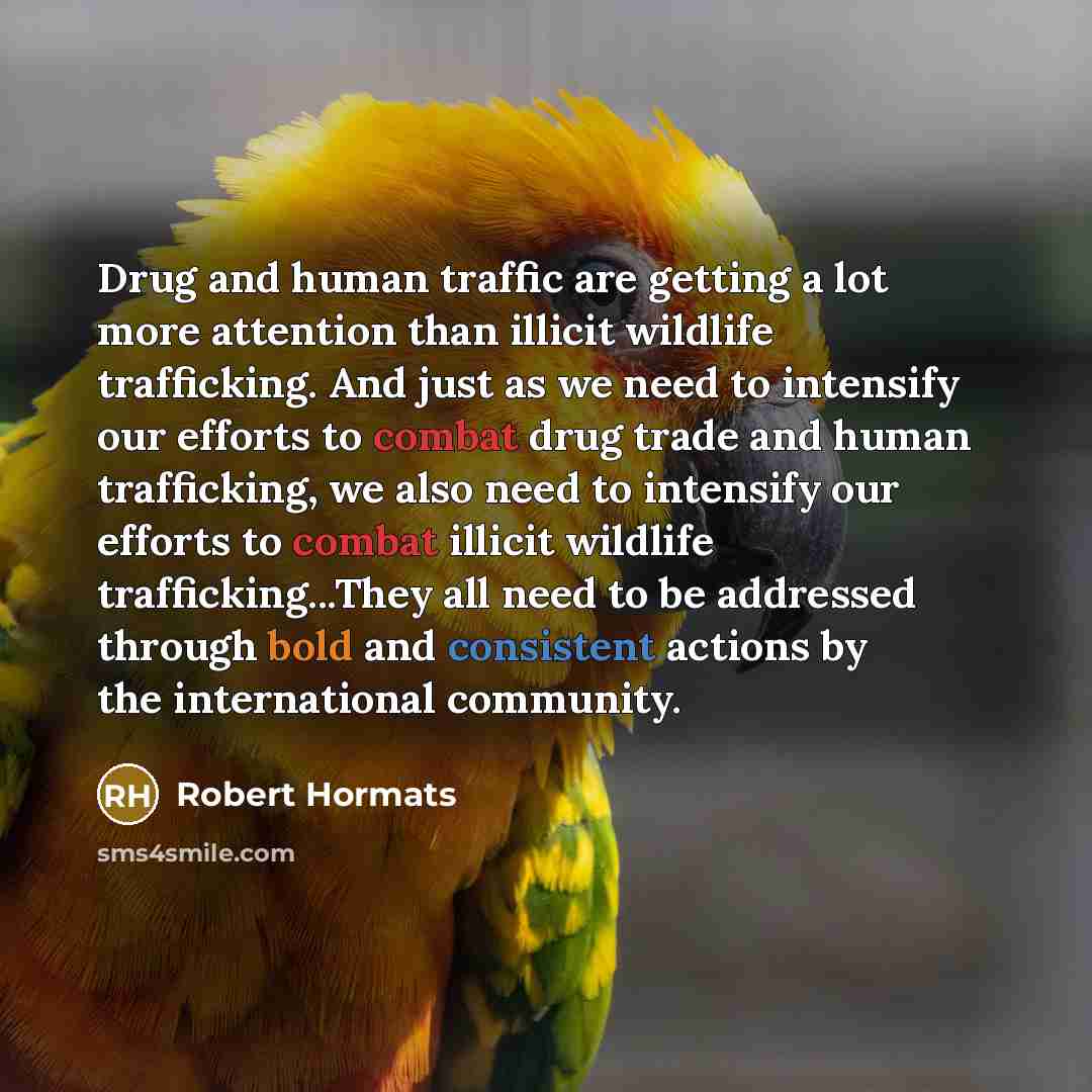 “Drug and human traffic are getting a lot more attention than illicit wildlife trafficking. And just as we need to intensify our efforts to combat drug trade and human trafficking, we also need to intensify our efforts to combat illicit wildlife trafficking...They all need to be addressed through…” quote by Robert Hormats