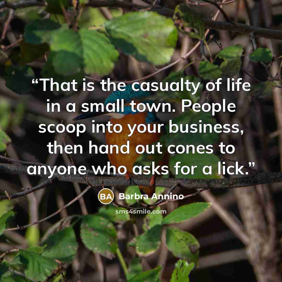 “That is the casualty of life in a small town. People scoop into your business, then hand out cones to anyone who asks for a lick.” quote by Barbra Annino