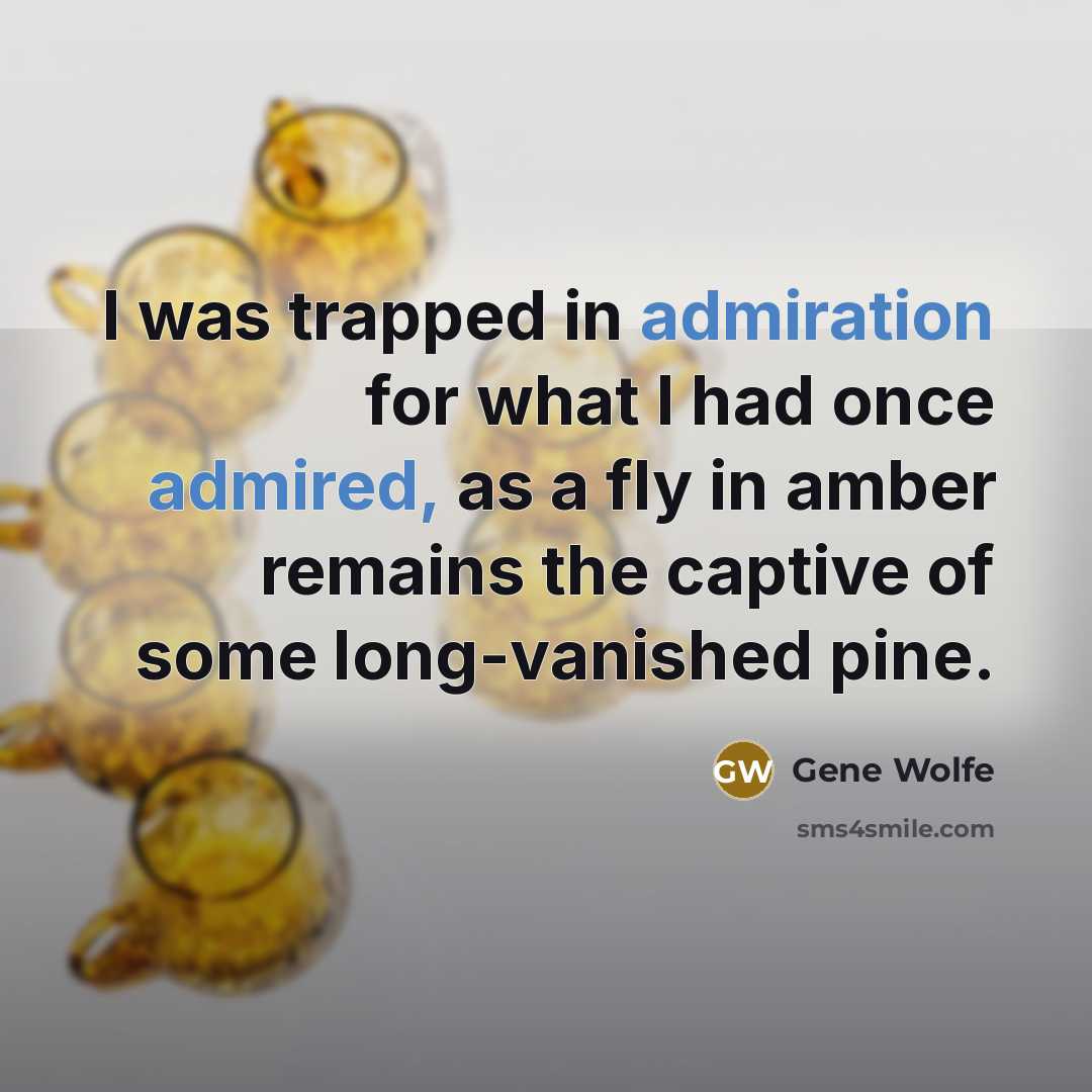 “I was trapped in admiration for what I had once admired, as a fly in amber remains the captive of some long-vanished pine.” quote by Gene Wolfe