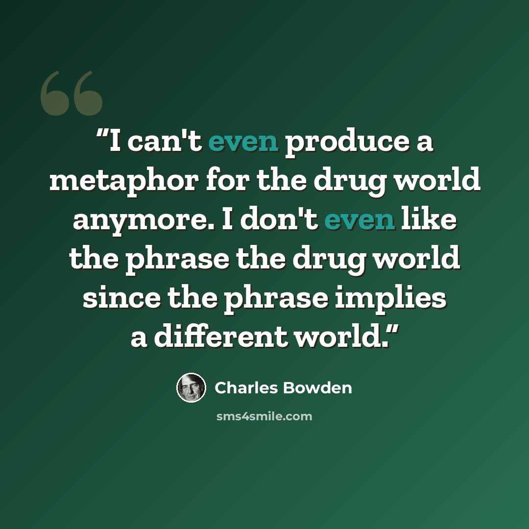 “I can't even produce a metaphor for the drug world anymore. I don't even like the phrase the drug world since the phrase implies a different world.” quote by Charles Bowden